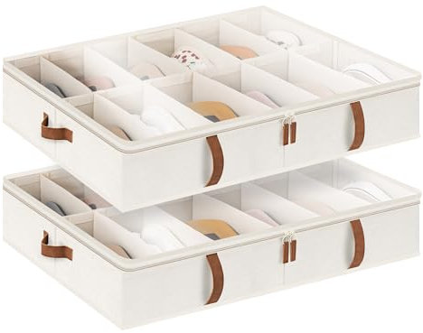 StorageWorks Aufbewahrungsbox unter dem Bett, große Unterbett Aufbewahrung Organizer mit Deckel, robuste Unterbett Aufbewahrungsbox für Kleidung, Stoff Unterbettbox, elfenbeinweiß, 2 Stück