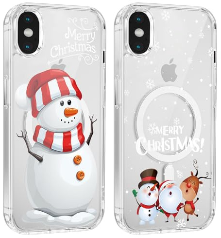 Xylota 2 Stück Magnetisch Hülle für iPhone X/XS 5,8'' [Kompatibel mit MagSafe], Weihnachten Transparent Handyhülle, Weihnachtsmann Mode Christmas Klare Schutzhülle für iPhone X/XS,Schneemann 05