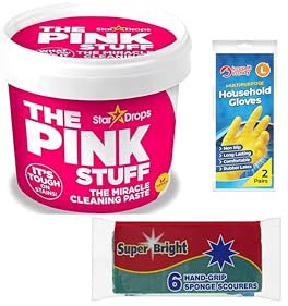 Complete Cleaning Bundle Includes - The Piink Stuff Paste - 850g, Super Bright Hand-Grip Sponge Scourers (6 Pack) and Household Gloves (2 Pairs) | Deep Cleaning & Protection | All-Purpose Cleaning