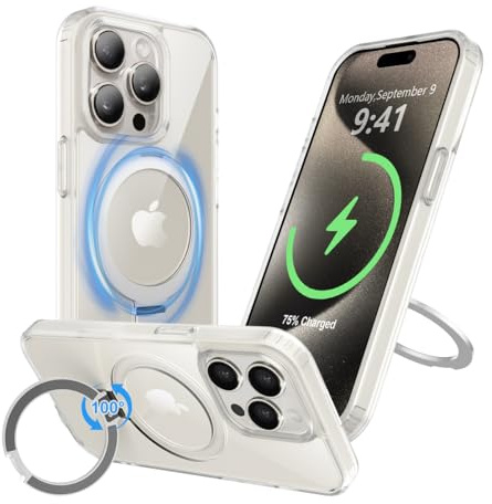 Ruayia Stand Case für iPhone 15 Pro Hülle für MagSafe, Magnetischer Robust Standring Handyhülle, Stoßfest Kratzfest Schutzhülle, Matt Rückseite Hülle für iPhone 15 Pro, 6.1 - Translucent