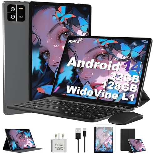 Newest Tablet 10 Inch Android 14, Tablets 22GB RAM+128GB ROM (TF 1TB)Octa-Core/1920*1200 pixel/5G+WiFi 6,Widevine L1/8000mAh,Bluetooth 5.0/GMS/8+16MP/Widgets/Tablet with Keyboard+Mouse - Gray