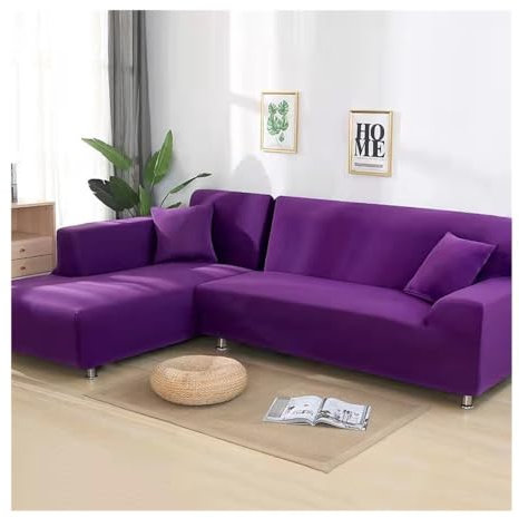 FOVAOK Solider Sofabezug für Wohnzimmer, elastisch, 1/2/3/4-Sitzer, L-förmiger Ecksofabezug, Chaiselongue, Lila, 3-Sitzer, 195–230 cm