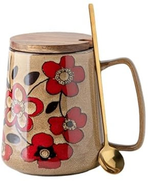 Keninll Keramikbecher, Vintage-Blumenbecher, großes Fassungsvermögen, 700 ml, mit Griff mit Deckel, Löffel, Kaffee, Milch, heißen Tee, Braun