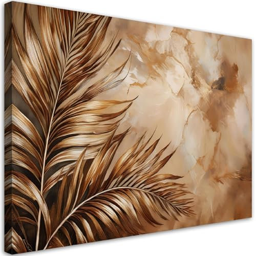 Feeby - Impression sur Toile - Deco Tableau Murale Intissé - Glamour Feuilles de palmier Marbre Sépia - 120x80 1partie - Photo Peinture - Pour Chaque Pièce de Votre Appartement