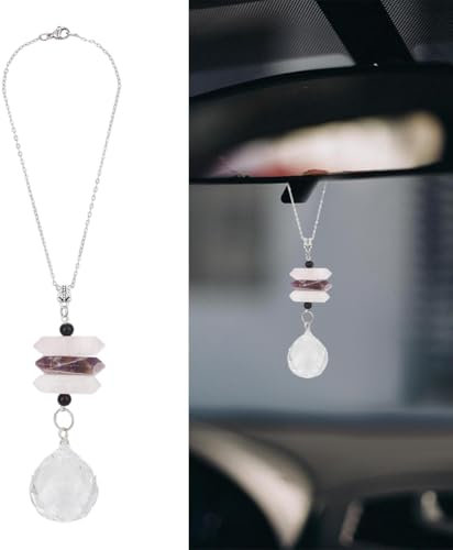 DELORIGIN Natural Amethyst Car Hanging Ornaments Quartz Crystal Car Pendant Charms Rainbow Glass Ball Dangling Suncatcher Rearview Mirror Accessories for Window Garden Home Wedding Party Decor