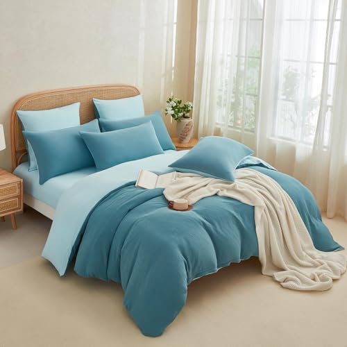 YASMENG Doppelte Muslin Bettwäsche 155x220 Petrol Blau Bettwäsche Muslin 100% Baumwolle Bettwäsche Weich Atmungsaktiv Kuschelige Bettwäsche 3 Teilig mit Reißverschluss und 2 Kissenbezüge 80x80 cm