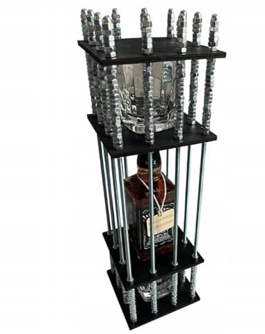 Alkohol-Käfig Geschenkset – Holz Puzzle Flaschenkäfig mit 288 Schrauben + 2 Gläsern – Für 0,7 l Flasche (25 cm) – Lustiges Männergeschenk ohne Gravur