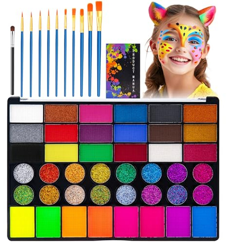 KICNIC Kinderschminken Set, 42 Farben, 11 Pinsel | Gesichtsfarbe Kinderschminke Set Mädchen, Theaterschminke, Wasserbasis Schminke, Face Paint, Halloween, Karneval, Fasching