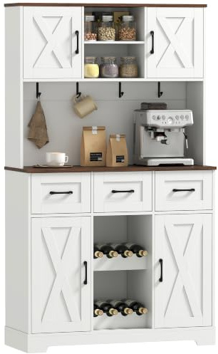 HOMCOM Alacena de Cocina Alta 4 Puertas 3 Cajones Blanco 100x38x172 cm | Mueble Auxiliar de Cocina,Botellero para 8 Botellas,Estantes Abiertos,Encimera Amplio,4 Ganchos,Orificio para Cables