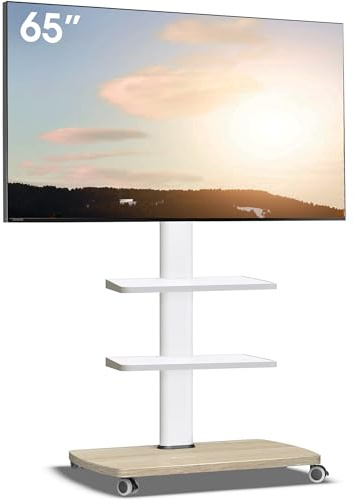 AOKCOS TV Ständer Rollbar mit Holzablage 2 Regal, Fernsehständer auf Rollen für 32-65 Zoll TV, TV Bodenständer Höhenverstellbar Drehbar, bis 40 kg Max. VESA 400x400mm (Weiß+Natur)