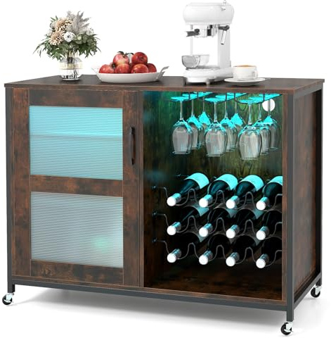 GIANTEX Weinschrank mit Beleuchtung, Barschrank mit Rollen | Weinbarschrank mit Weinregal & Glashalter, Küche Hausbar Küchenschrank mit verstellbaren Regalen, Kommode Sideboard