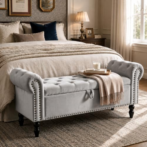 Clevich Sitzbank mit Stauraum 133 cm, Sofa Bench mit Gasdruckfeder | Samt Polsterbank Bettbank Hellgrau, Aufbewahrungsbank mit Holzbeinen, Stauraumbank für Schlafzimmer, Wohnzimmer