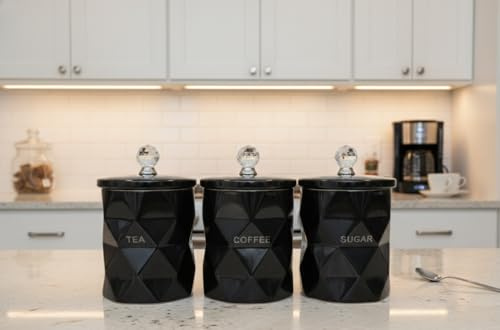 Bargain Brooz Set of 3 Marble Design Coffee Tea Sugar Canisters | Crystal Kitchen Storage Jars | Luxury Home Decor Gift (Black BB-319)
