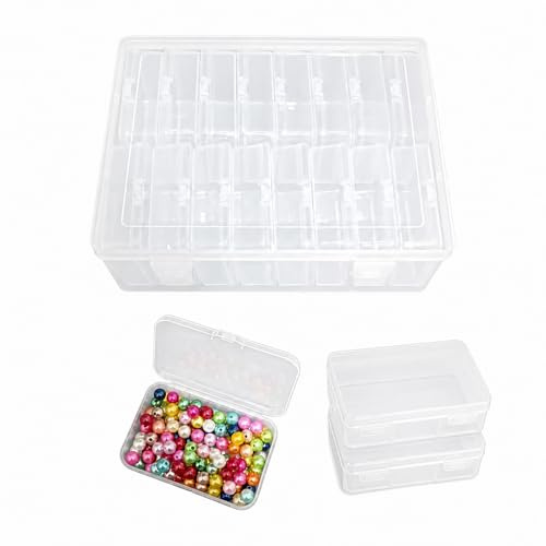 YYGMSS 16 Large Clear Plastic Storage Boxes 8.5×5.5×2.5cm with Organiser Case 22×18×6cm and Labels, Stackable Bead Jewellery Craft Parts Container Set