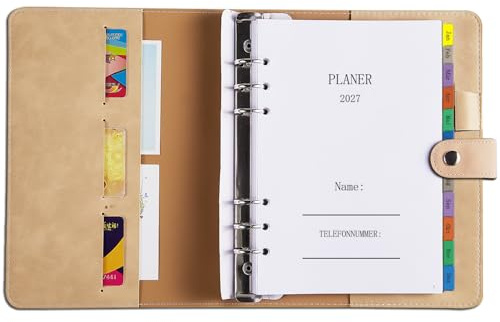 Kalender 2027 A5 Ringbuch Nachfüllbar Deutsch, Wochenplaner/Terminplaner 1 Woche 2 Seiten, Buchkalender mit Farbigen Tabs, Passwort, Notizen, Kontakt, Stiftschlaufe & Softcover, Planer Jan-Dez 2027