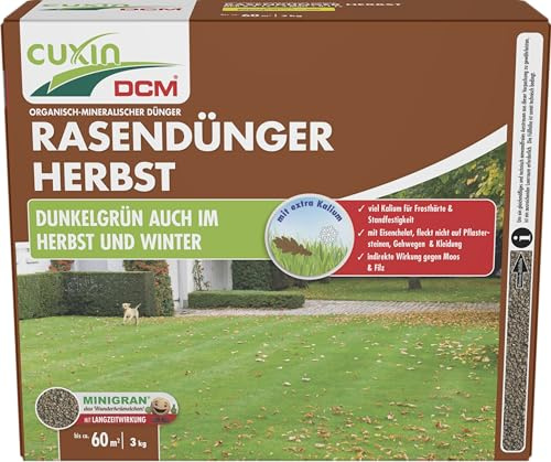 CUXIN DCM Rasendünger Herbst - Langzeit Rasendünger - Mit MINIGRAN® TECHNOLOGY - Frosthärte & Standfestigkeit - organisch-mineralischer Dünger - 3 KG für 60qm