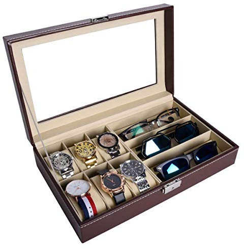 AUTOARK PU-Leder 6 Uhren Box Jewelry Case und 3 Stück Brillen Aufbewahrung und Sonnenbrille Brille Display Fall Organizer,Braun,AW-020