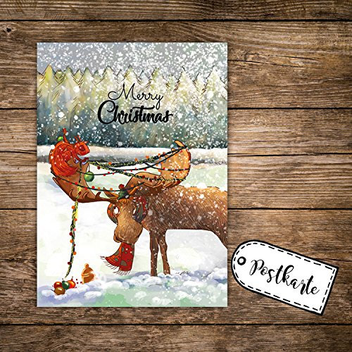 ilka parey wandtattoo-welt A6 Weihnachtskarte lustige Postkarte Print mit Elch Lichterkette + Spruch merry christmas pk122