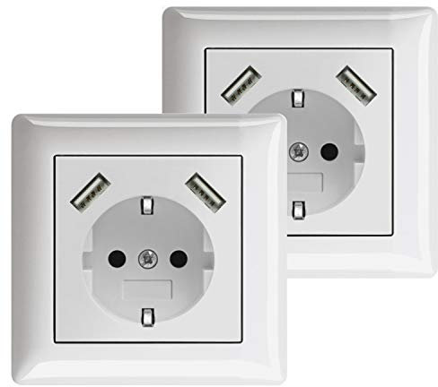 230 V Steckdose mit 2 x USB Ladegeräten, Schuko Wandsteckdose Unterputz, passend für Gira System 55, Jung AS 500, Reinweiß glänzend, Alpinweiß, Weiß, TÜV Rheinland zertifiziert (2 x Einfachsteckdose)