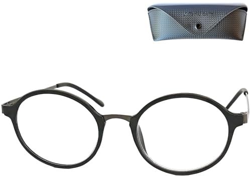 Runde Lesebrille - mit Gratis Etui, Kunststoff Rahmen (Schwarz), Metall Brücke und Bügeln (Graphit), Lesehilfe für Damen und Herren +1.5 Dioptrien