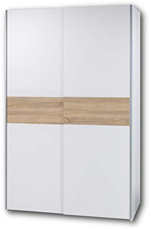 PULS Eleganter Kleiderschrank mit viel Stauraum - Vielseitiger Schwebetürenschrank in Weiß, Bauchbinde Eiche Sonoma - 125 x 195 x 58 cm (B/H/T)