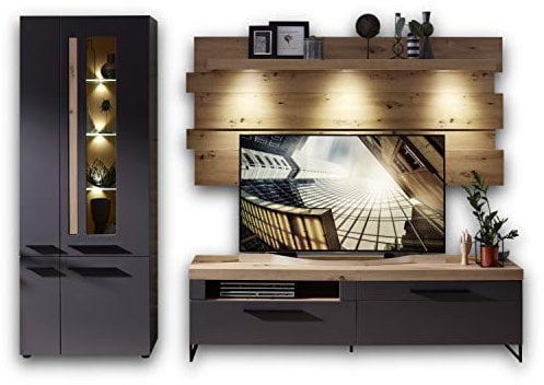 Stella Trading LOFT-TWO Wohnwand Komplett-Set in Artisan-Eiche Optik, graphit - Softclose Schrankwand für Ihr Wohnzimmer - 288 x 201 x 44 cm (B/H/T)