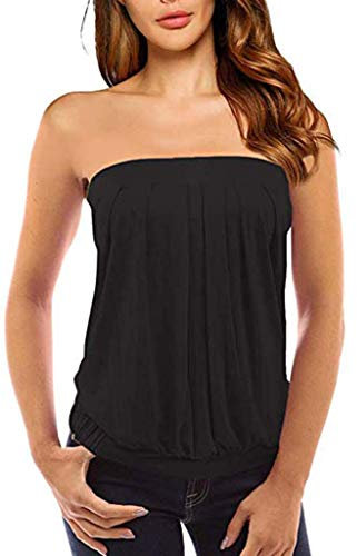 Xniral Damen Sommer Tube Top Schulterfrei Rueckenfrei Tops Party Bandeau Schlauchshirt mit Plissee(Schwarz,L)