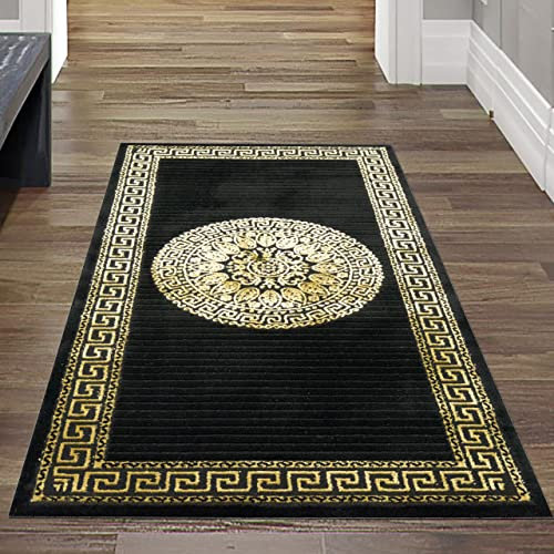 Teppich-Traum Läufer für Flur & Diele - hochwertiger zertifizierter Öko-Tex Flächenteppich - Mäander Muster in schwarz Gold, Größe 80x150 cm