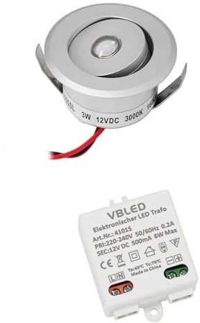 VBLED© 1er-Set 3W LED Mini Einbauspot -OCULOS Minispot 3000K mit Netzteil 12V DC Konstantspannung - Schwenkbar - Silber