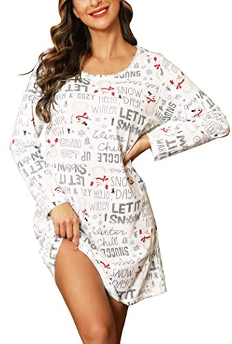 ENJOYNIGHT Womens Nightdresses Long Sleeve Nighties Cotton Nightshirt Soft Sleepwear Loungewear (Medium,White Snow)