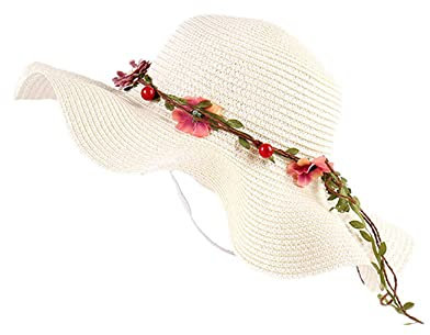 Anawkaia Frauen Sonnenhüte Strand Kappe Cap Girlande Strohhut Wide Brim Strohhut Sommerhut (Weiß)