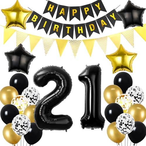 21. Geburtstag Dekoration Schwarz gold, Geburtstagsdeko 21 Jahre mann frau, 21 Geburtstag Deko männer frauen 21 Ballon Geburtstagdeko set, Luftballons 21. Geburtstag Party Deko 21 Geburtstag männer