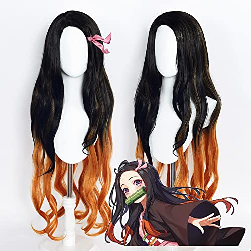 Kamado Nezuko Cosplay Perücke für Demon Slayer Lange lockige schwarze Perücke