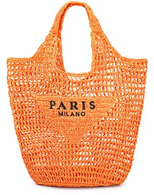 POOOPSSD Sac tissé en maille de paille, sac fourre-tout, plage, sac à bandoulière, hobo femme, pliable, grande capacité, pour vacances, pique-nique et fête., Orange, Large