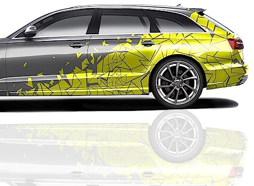 XXL Autoaufkleber Mosaik 2er Set je 60x200cm geometrisches Design Auto Seite Motorrad Bus Sticker Kfz Zubehör Broken Glass Camouflage Tuning Dekor KX074 (Gelb)