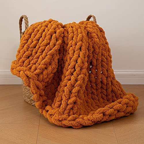 WESHIONGOO Chunky Knit Blanket Throw 40×40 Knitted Throw Blankets for Couch Bed Fall Throw Blanket Fluffy Soft Blanket with Jumbo Chenille Yarn Thick 100% Handmade (Burnt Orange)