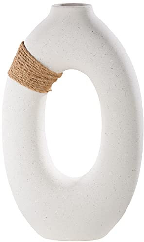 GILDE große Deko Vase - Moderne Vase aus Keramik mit Bast - Frühlingsdeko Wohnzimmer - Farbe: weiß - sandig - Höhe 41 cm