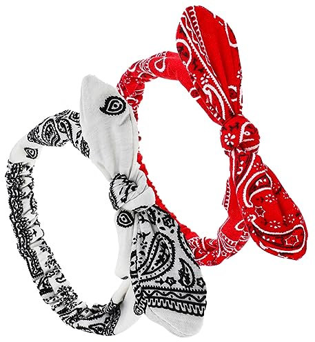 Prasacco 2 Stück Schleifen Haarband, Vintage Gedruckt Stirnband Häschenohr Elastische Stirnbänder Verstellbare Damen-Stirnband für Gesichtswaschen, Schminken, Sport und Schlafen (Rot,Weiß)