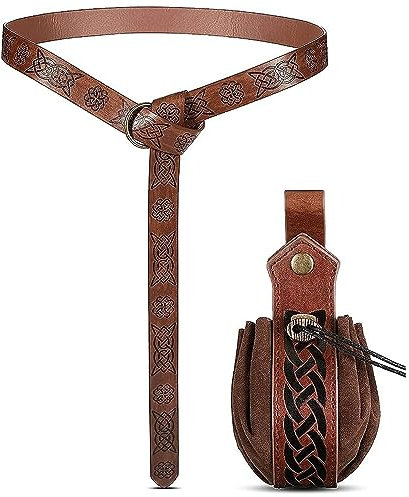 SJUNJIE Wikinger-Gürtel-Set,Mittelalterliche Kunstledertasche mit Kordelzug,Mittelalter Gürtel,Mittelalter Gürtel mit Beutel Eignen Sich für Cosplay, Zaubererkostümzubehör und Halloween-Partys