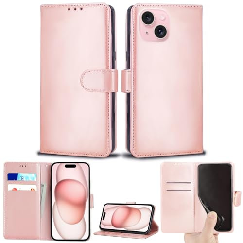EKAM Case Compatible With iPhone 15 Leather Wallet Book Flip Folio Stand View Cover Magnetic Closure with Card Slots for iPhone 15 [6.1 Inch] (Rose Gold)