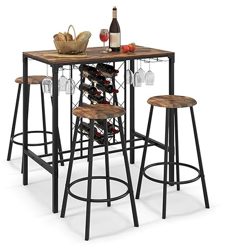 GIANTEX Table Haute de Bar & 4 Tabourets Ensemble 5 Pcs de Salle à Manger pour 4 Personnes, Table Bar Cuisine avec Porte-Bouteilles & Porte-Verres, Mange-Debout Industriel pour Bistro Restaurant Café