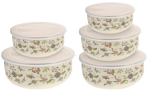 TOVINANNA Enamel Bowl with Lid, Vintage Mixing Bowls Enamel Bowl Set Dishwasher and Microwave Safe, High capacity Stackable Nesting Bowl for Storage, Baking, Fruit, Salads