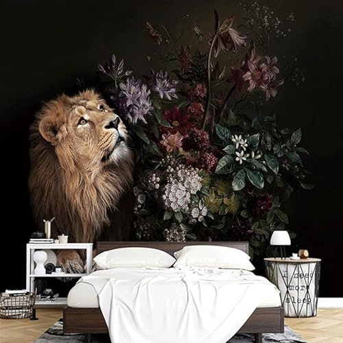 Papier Peint Fleurs Lion Vintage Papier Peint Panoramique Papier Peint Intissé pour Salon Chambre Couloir Tapisserie Murales Papier Peint 3d Papier Peint Décoratif Murale 400x240cm