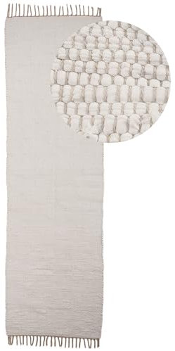 carpetfine Flickenteppich Kelim Chindi Uni Läufer Weiß 60x180 cm, handgewebt | Fleckerlteppich aus Baumwolle für Wohnzimmermit Fransen