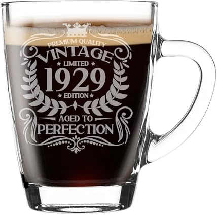 97th Birthday Gift for Men Vintage 1929 Aged to Perfection Engraved Glass Mug Gift for Coffee Lovers Tea Cup Present for 97 Year Old 300ml Coffee Mug Funny Novelty Mug Gift For Men or Women