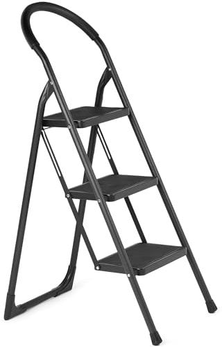 Ondis24 Klapptritt Hugo Trittleiter 3 Stufen klappbare Leiter bis zu 150kg pulverbeschichteter Stahl extra Langer Softgriff (Schwarz, 3-stufig)