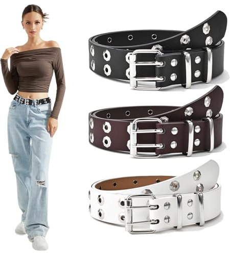ROMOLY Nietengürtel - Set aus 3 hochwertigen, modischen Doppelloch Gürtel für stilbewusste Kombinationskünstler