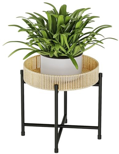 Bamworld Rattan Plant Stand Indoor, Handwoven Boho Plant Table Round Flower Stand Coffee Side Table for Living Room Bedroom Balcony Patio