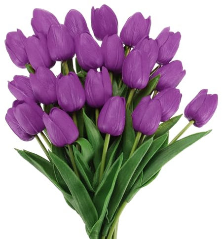 QUARKZMAN 24Pcs Künstliche Tulpen, PU Fake Tulpen, Gefälschter Tulpenstrauß Echte Berührungsblumen für Zuhause Dekor Hochzeit Hotel Büro Mittelstück Dekor（Lila）