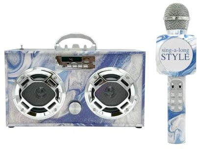 Wireless Express - Haut-parleur portable : Boombox rétro avec Bluetooth, éclairage LED, radio FM améliorée, batterie rechargeable (Blue Swirl - Bundle w/micro)